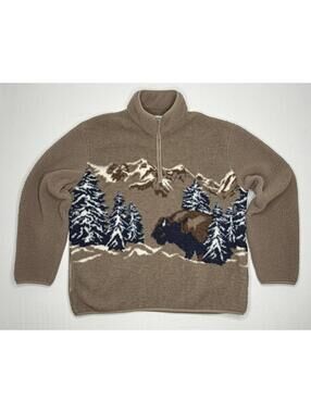 Old Navy XL Fleece 1/4 Zip Sherpa Bison Mountain Buffalo Pullover Sweater P138C